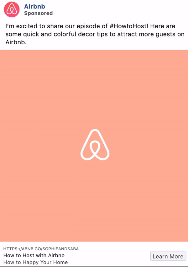 Airbnb Facebook consideration and lead generation ad example
