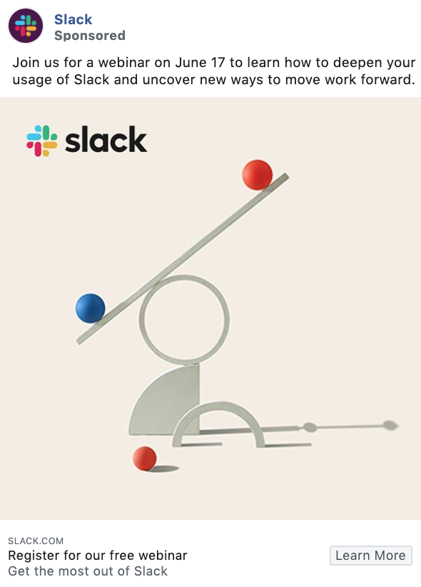 Slack Facebook consideration and lead generation ad example