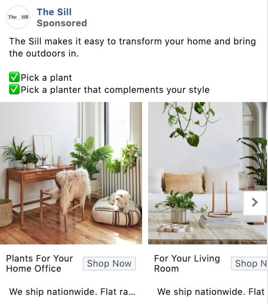 The Sill best Facebook conversion ad examples 