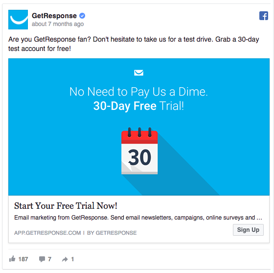 GetResponse’s Facebook ad uses words like “Now” and “Today”