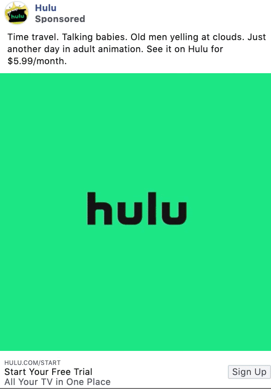 Ví dụ về quảng cáo trên Hulu trên Facebook