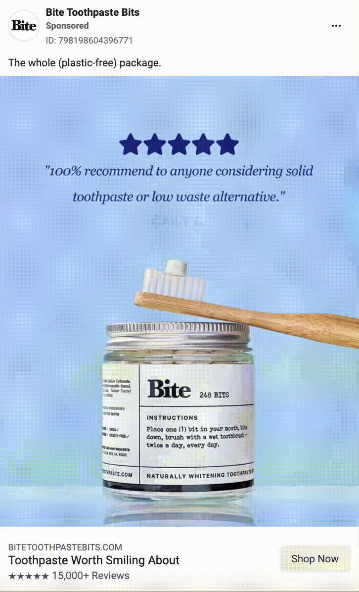 Bite Toothpaste bits social proof and testimonial Facebook ad example