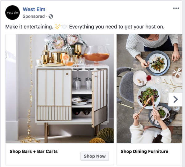 West Elm is showing lines of furniture in a carousel ad that I may want to buy.