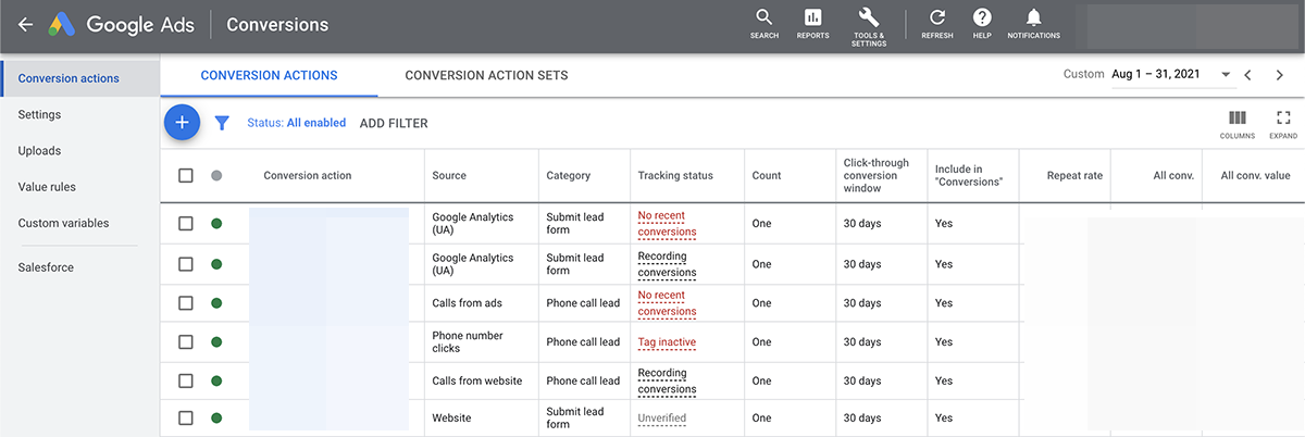 Google Ads conversion actions tab