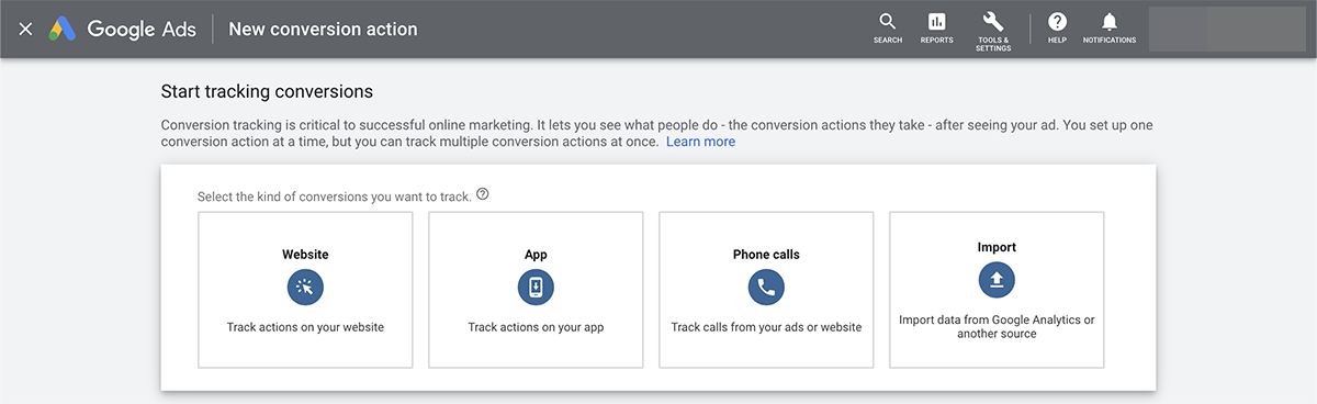 Google Ads new conversion action