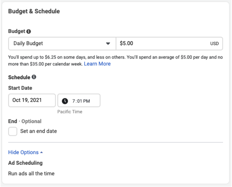 facebook ad budget and schedule 