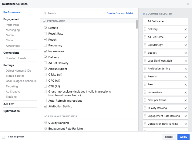 facebook ad budget customize columns ads manager