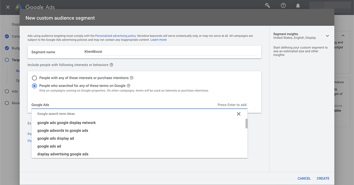 Google Ads custom audiences