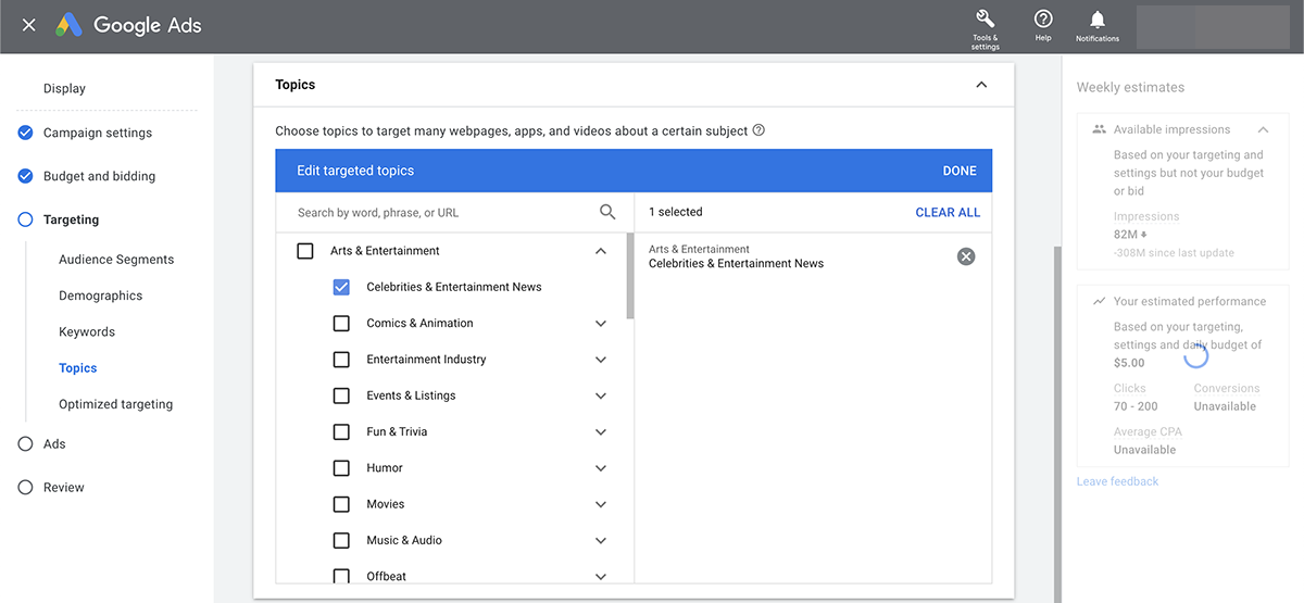 Google Ads topic targeting