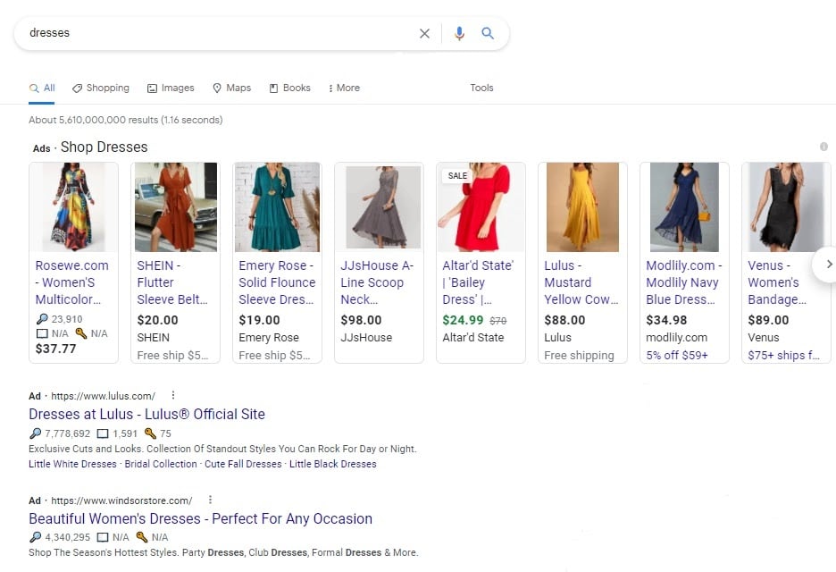 Google Shopping SERP for dresses