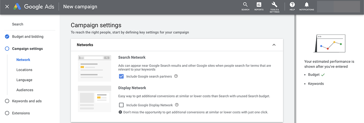 Google Ads new campaign budget and bidding