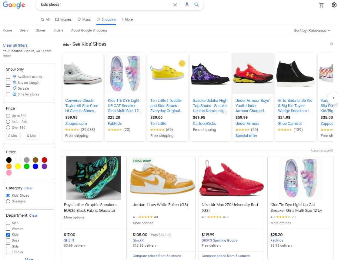 Kids shoe Shopping Ads Google SERP