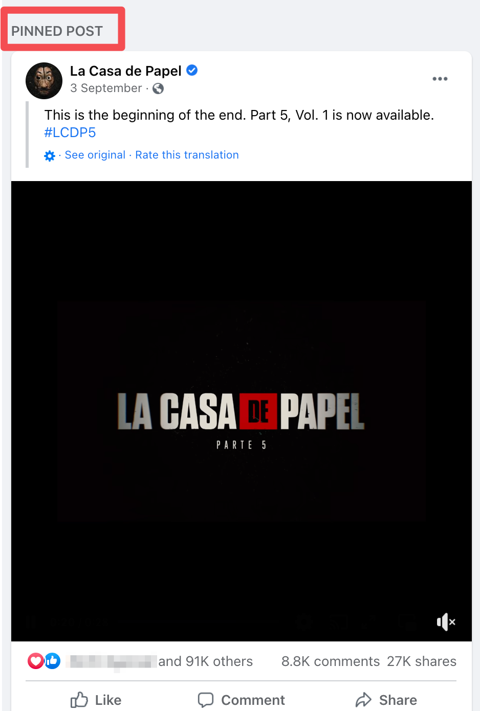 facebook marketing la casa de papel pinned post