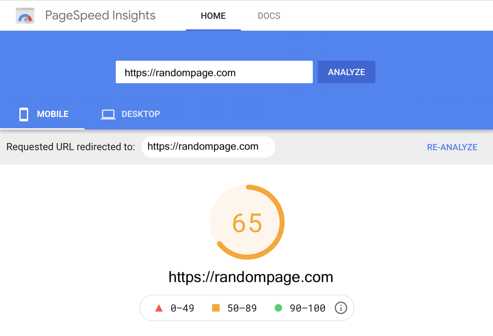 mobile PageSpeed insights