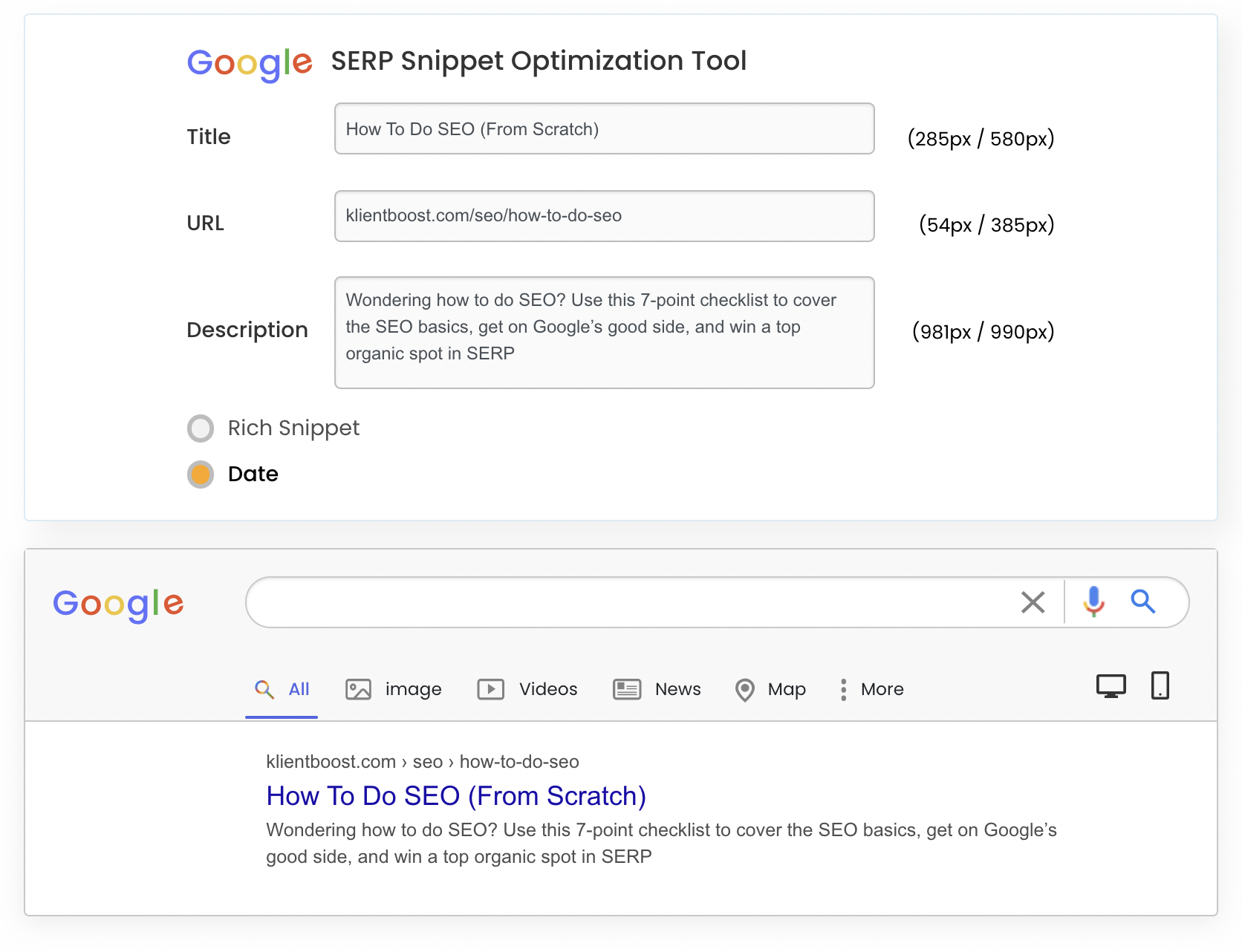 SERP snippet tool