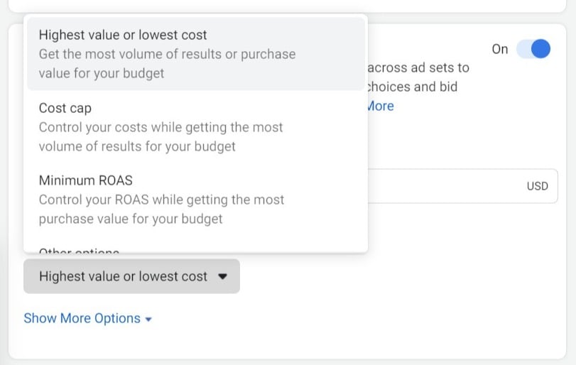 campaign budget optimization drop down menu