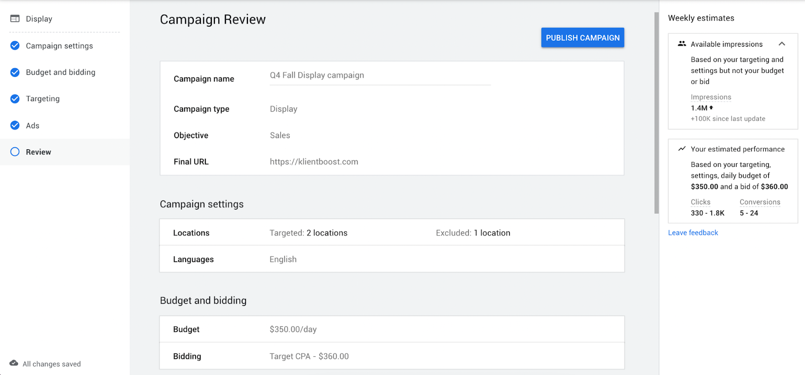 google display ads review campaign and publish