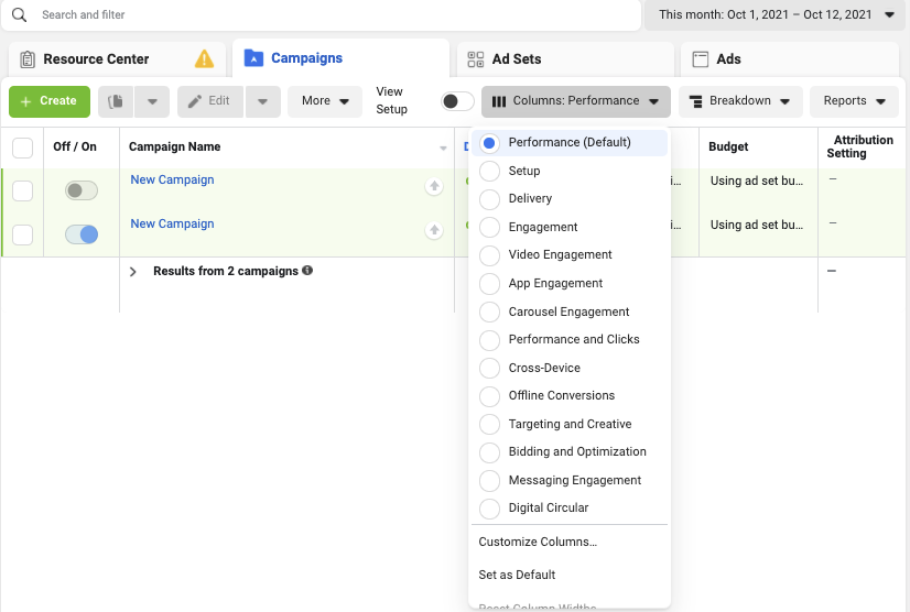 facebook campaign objective customize columns on ads manager