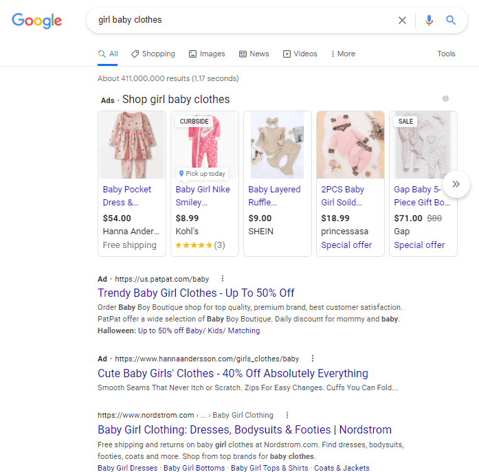 google smart shopping girl baby clothes search