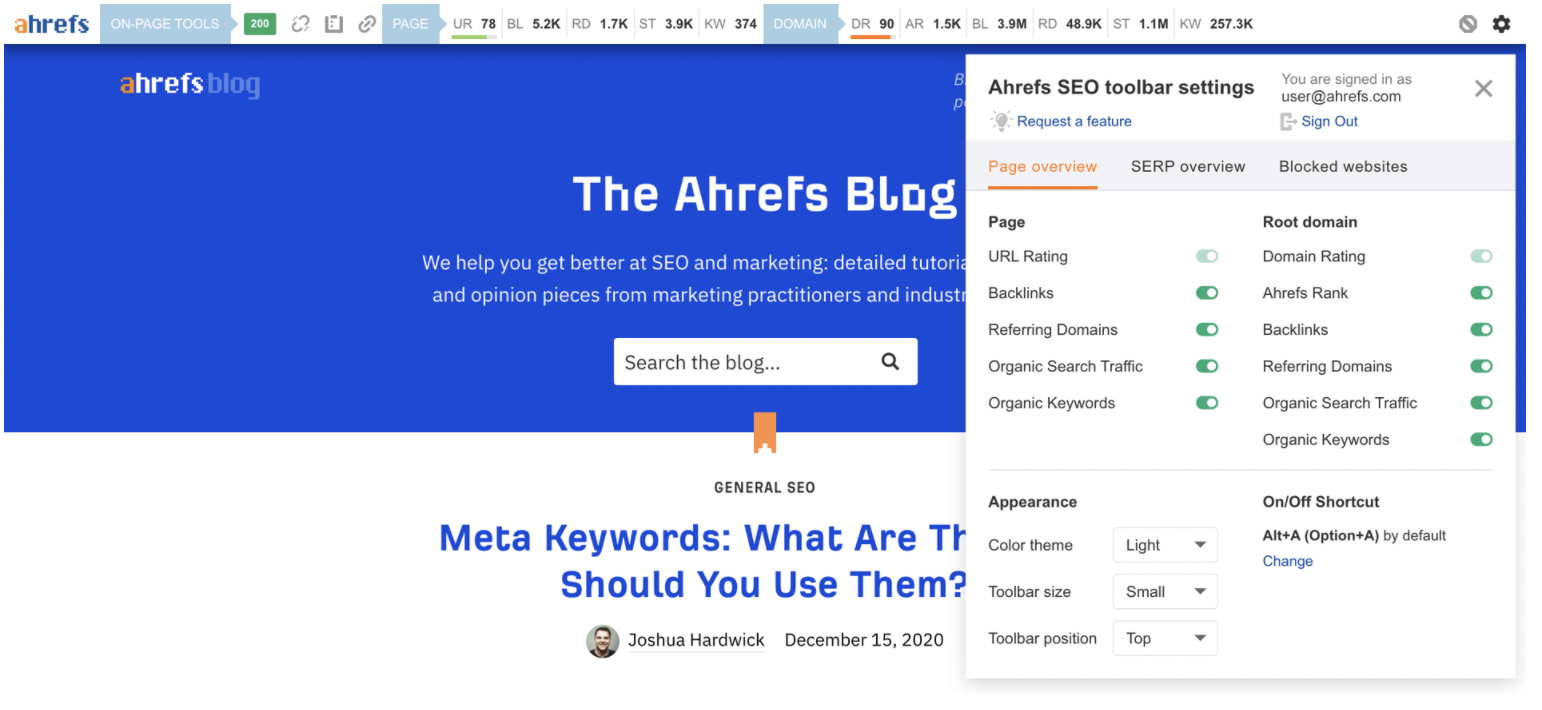 Ahrefs SEO toolbar