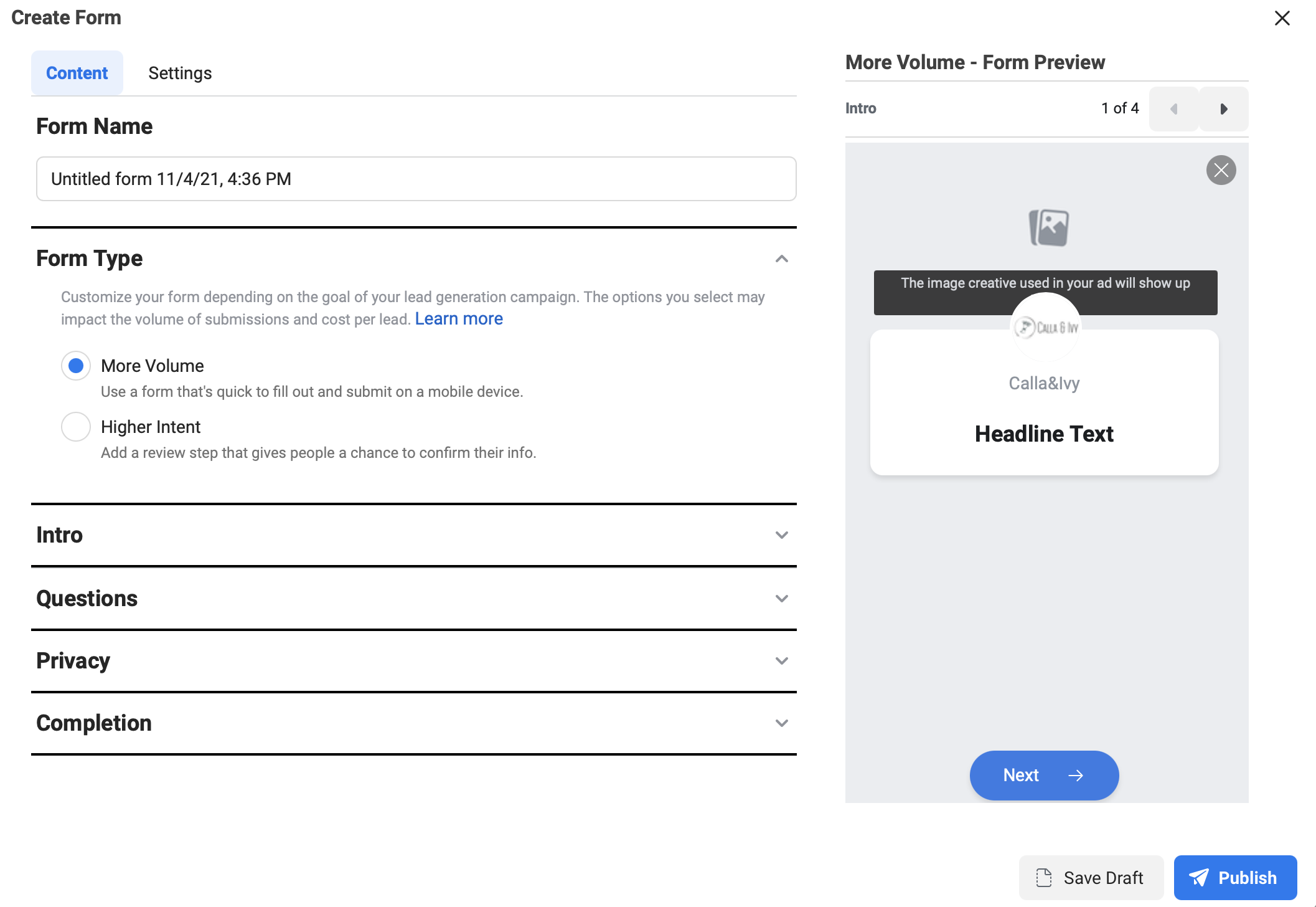 Facebook Lead ad form type
