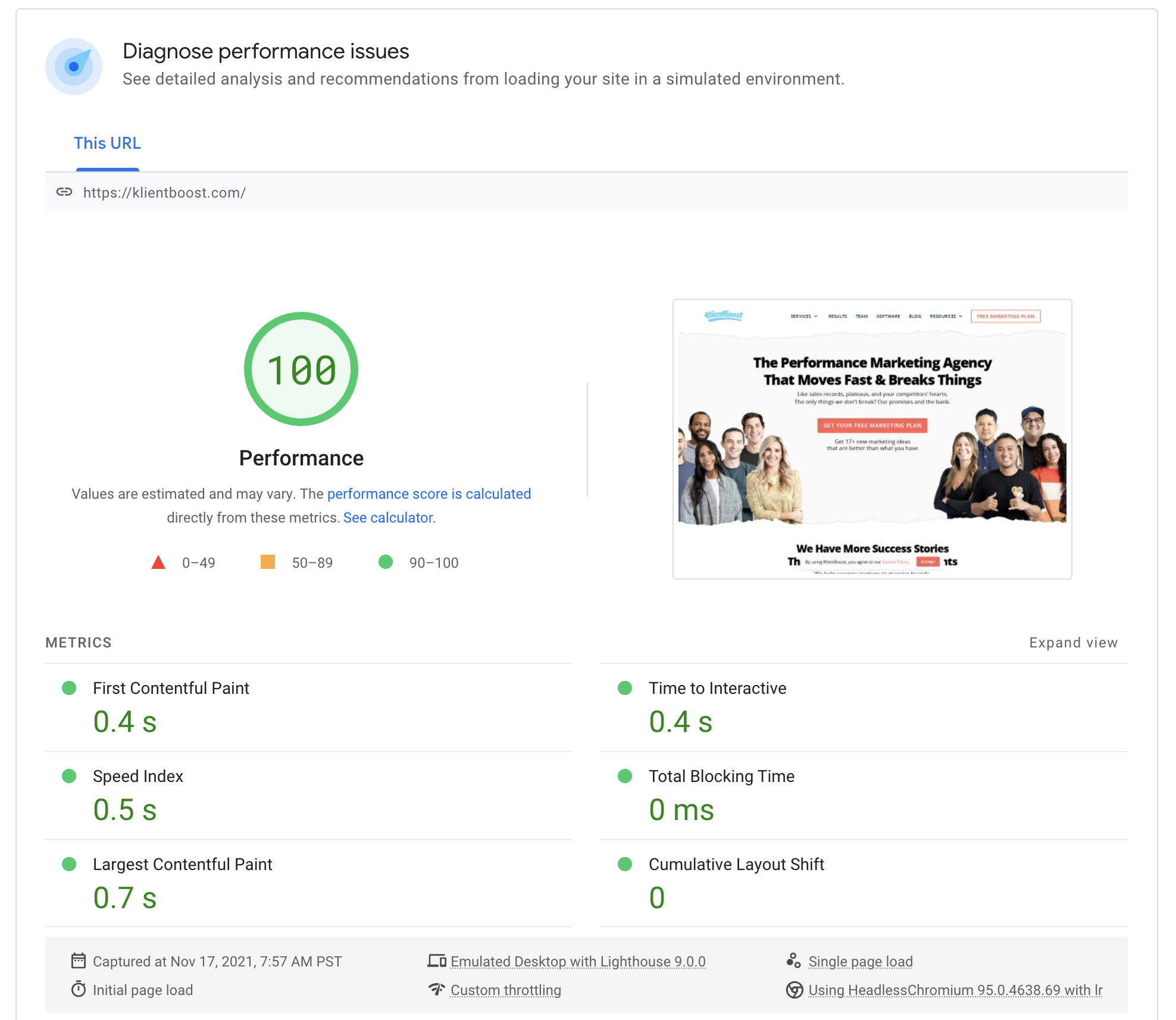 PageSpeed Insights overall performance view