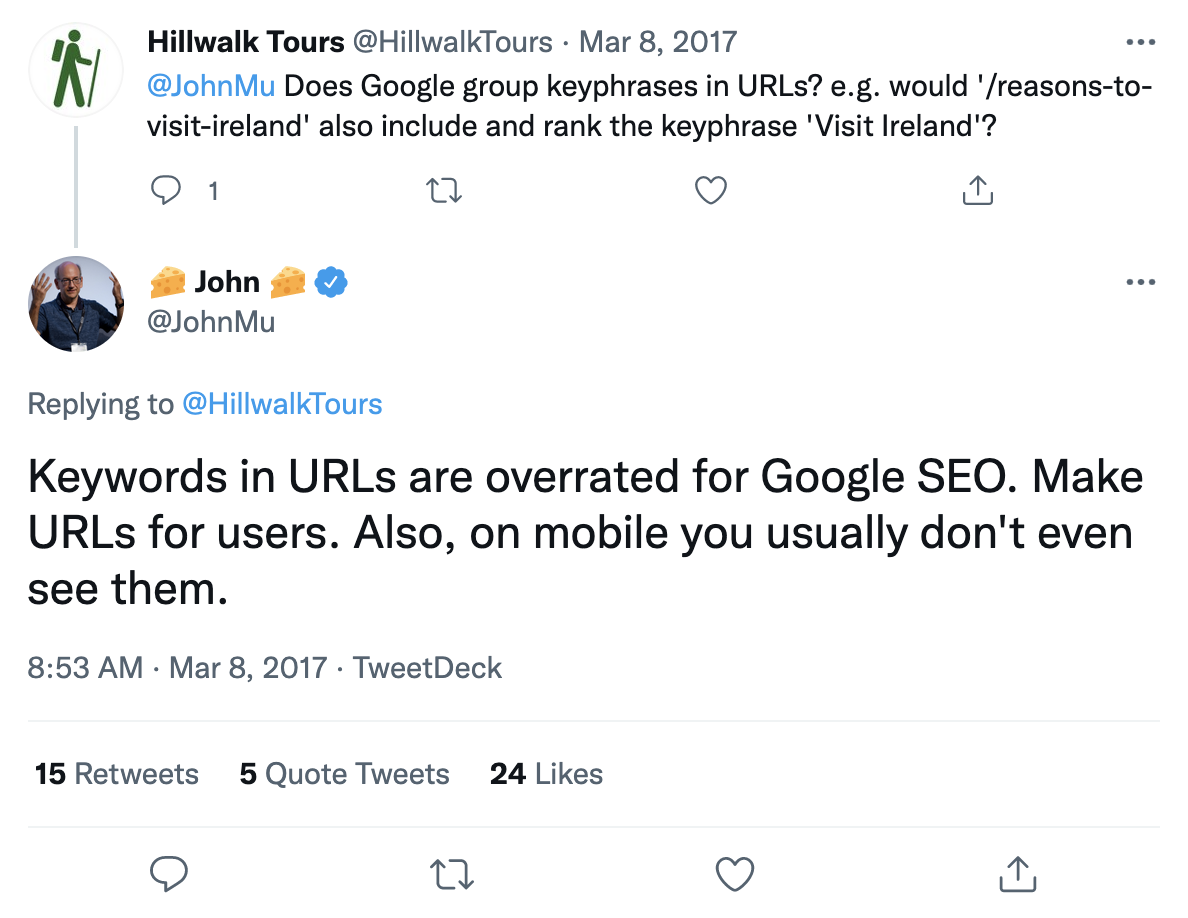 John Mueller tweet about URLs