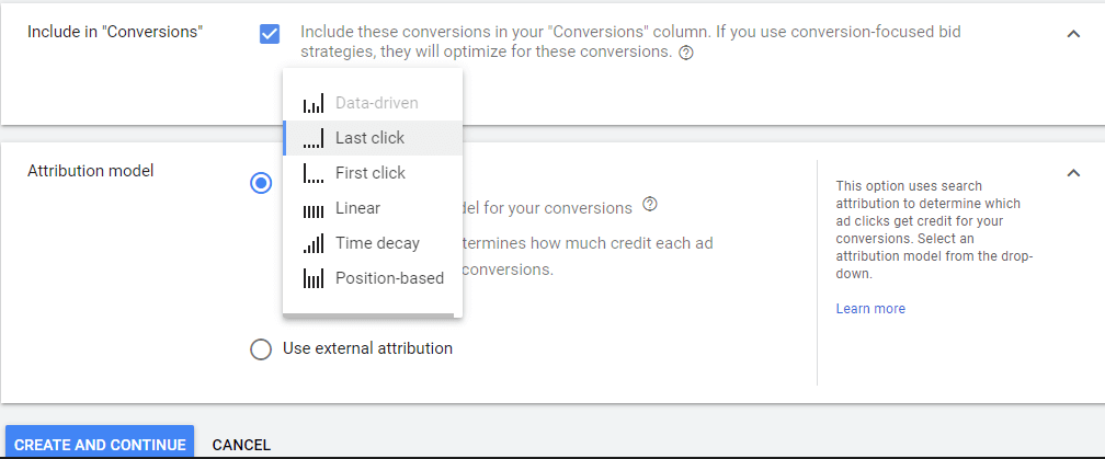 Google ads attribution model selection