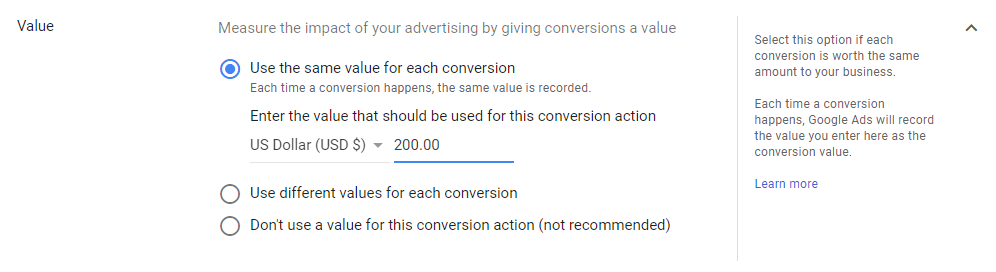 Google ads adding conversion value