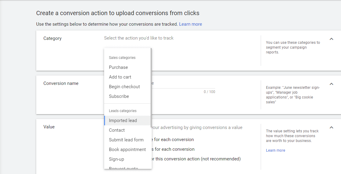 Google ads conversions category