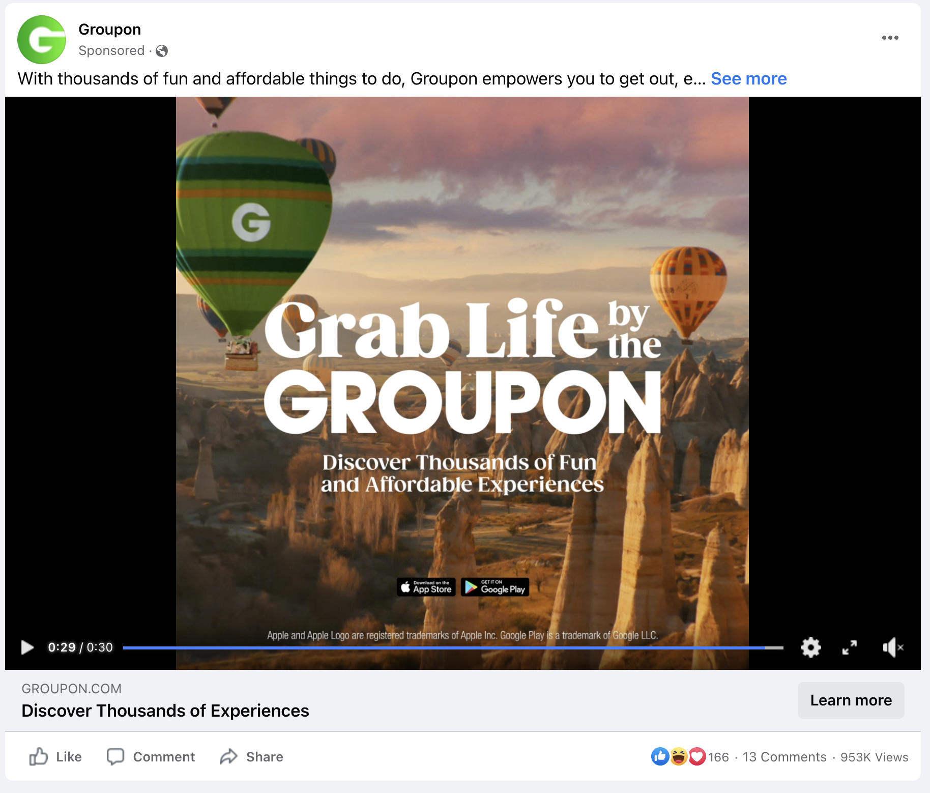 Groupon Facebook video ad CTA