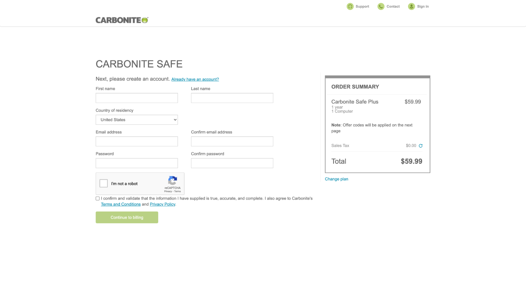 Carbonite checkout page