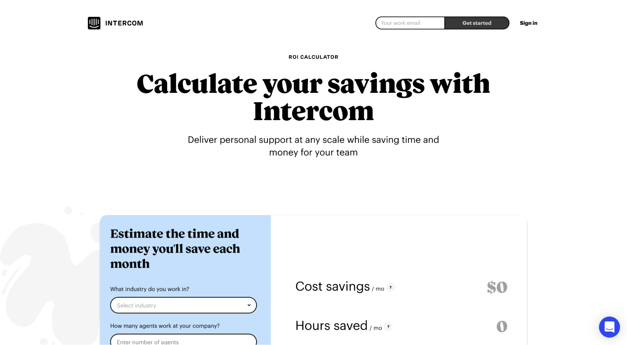 Intercom’s ROI calculator landing page
