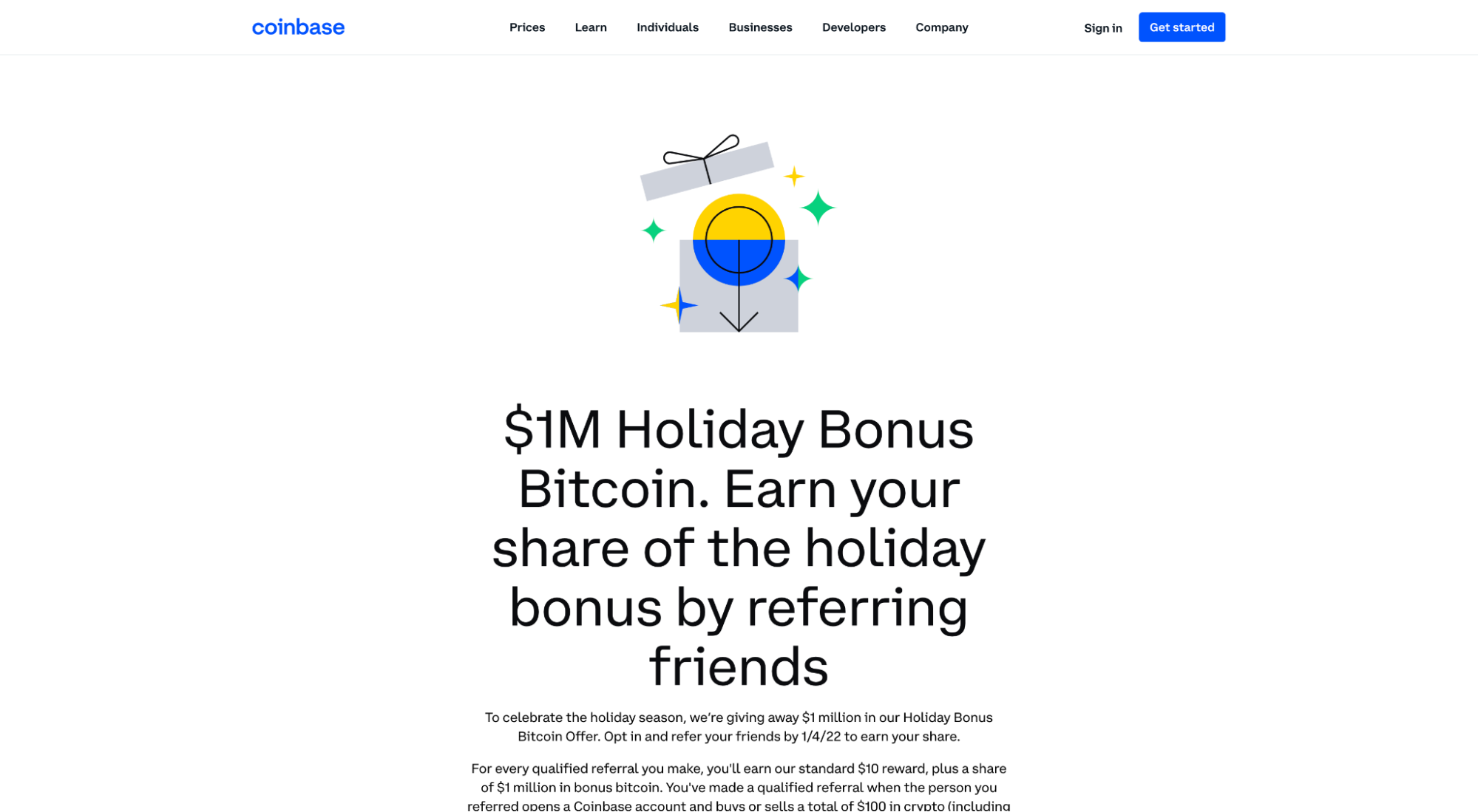 Coinbase holiday referral page