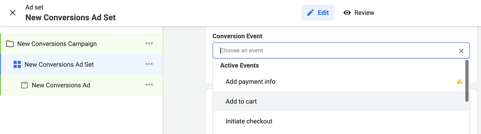 Facebook Ads active prioritized events