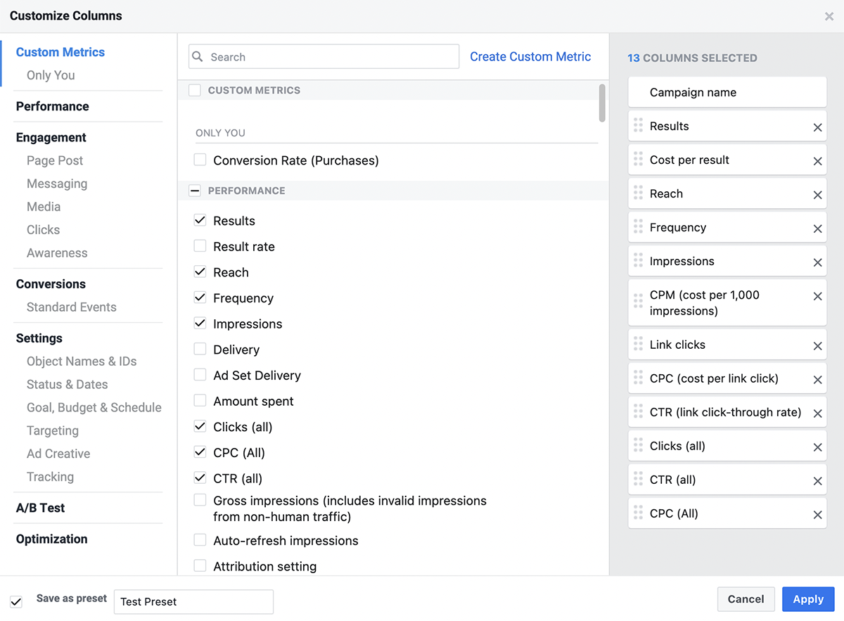 Facebook Ads Manager custom metrics