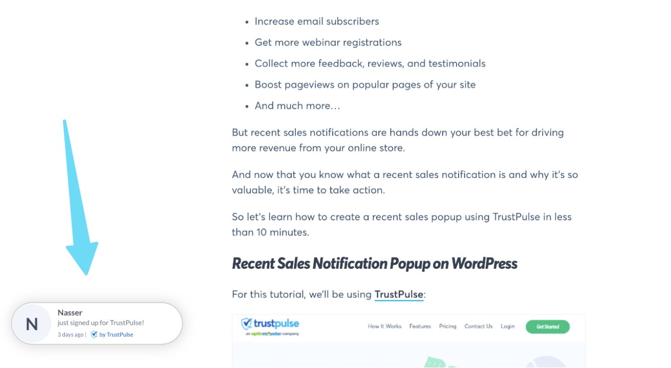 TrustPulse sales notification popup