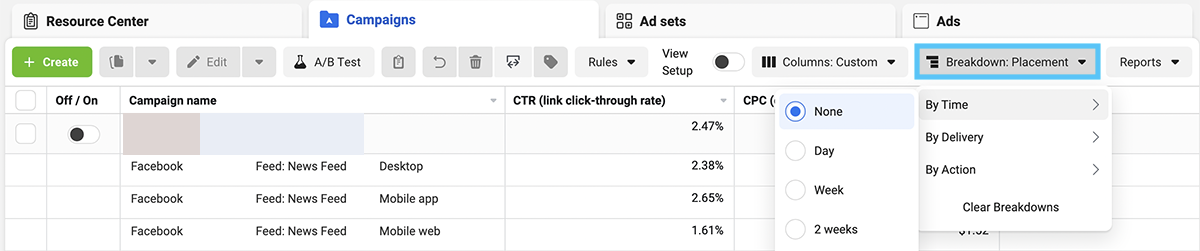 Facebook Ads Manager breakdowns