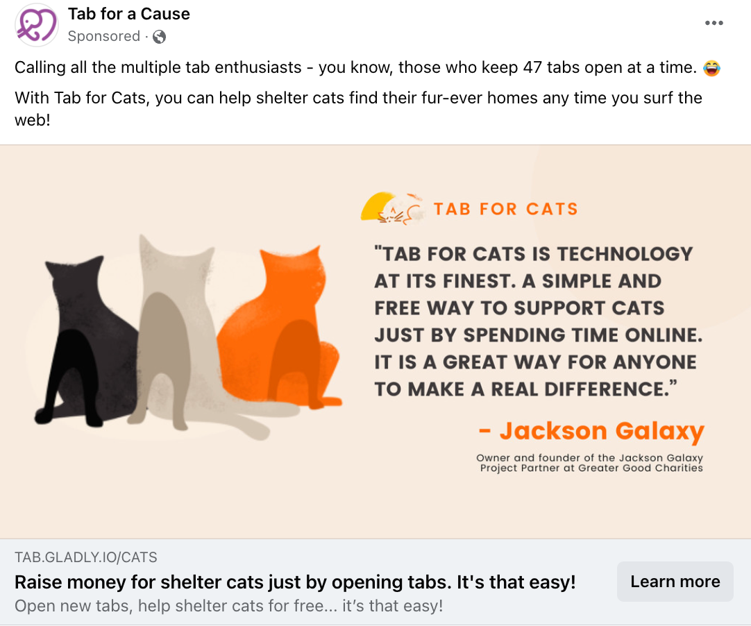 Tab for a Cause Facebook Ad