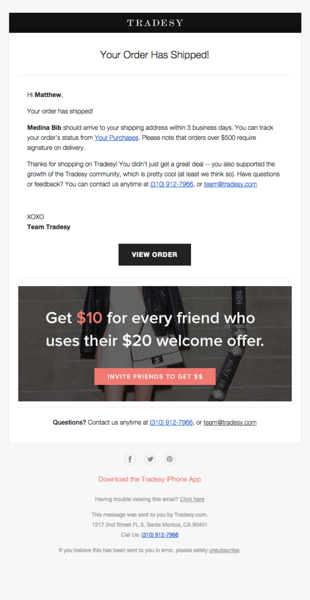 Tradesy confirmation email example