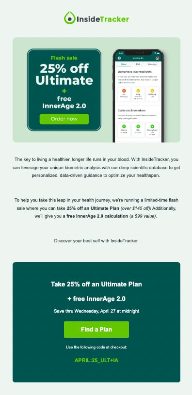 InsideTracker promotional email example