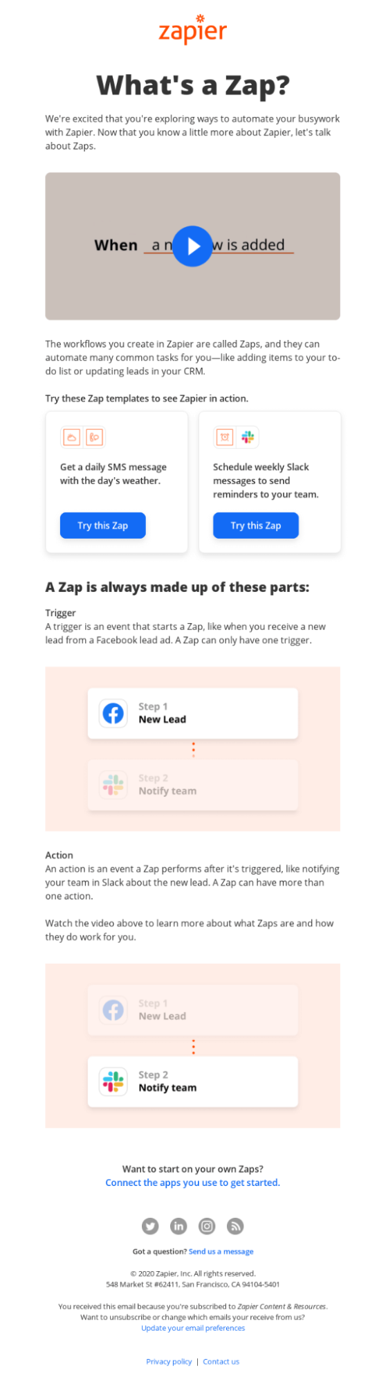 Zapier welcome email example
