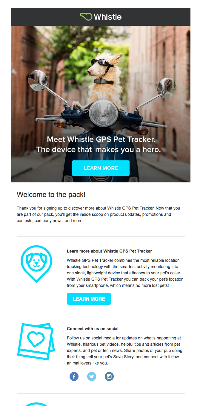 Whistle welcome email example