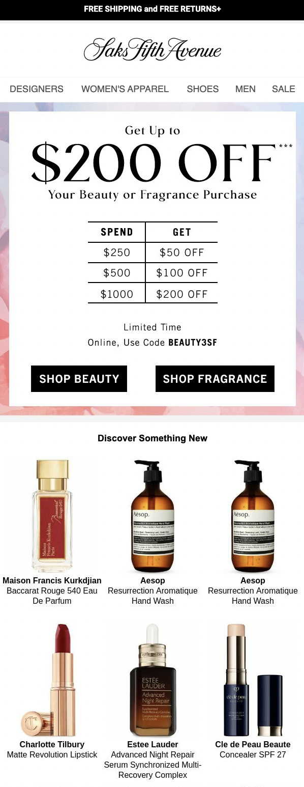 Saks Fifth Avenue promotional email example