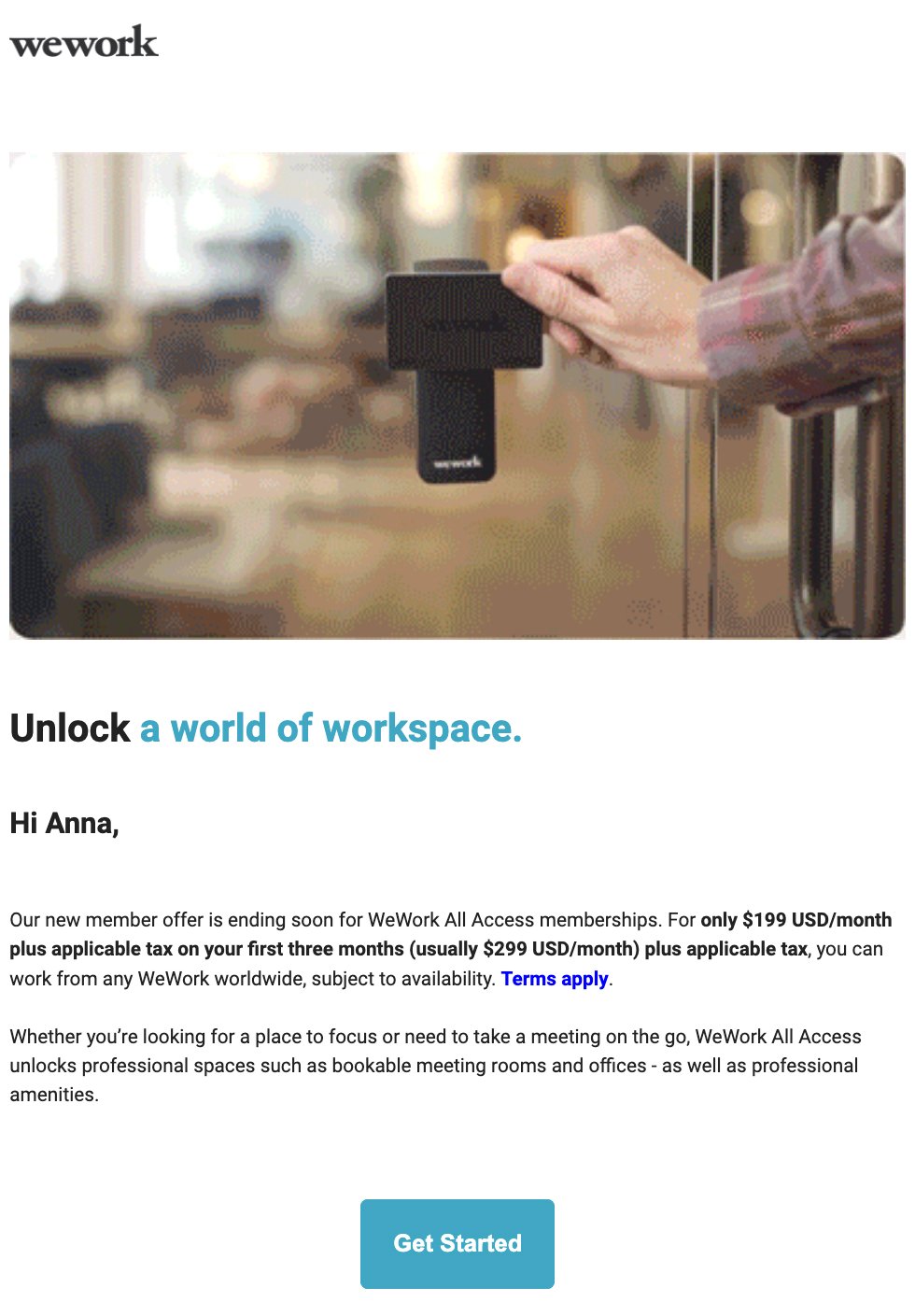 WeWork promotional email example