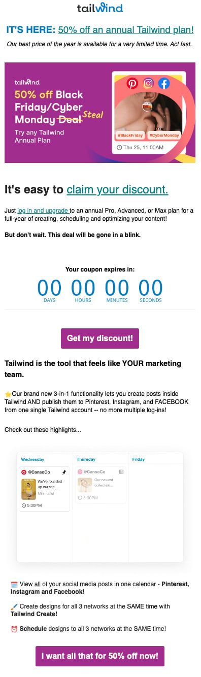 Tailwind promotional email example