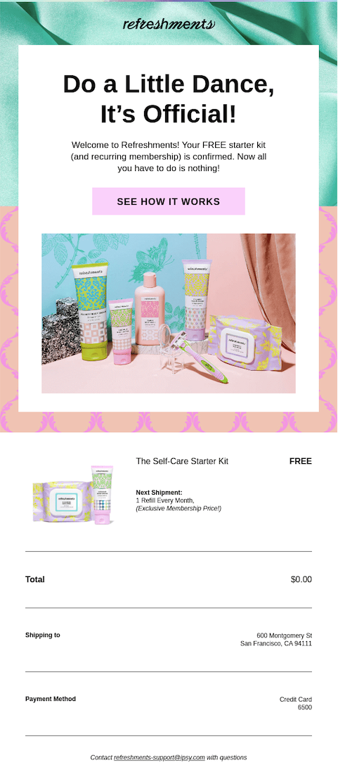 IPSY/Refreshments confirmation email example