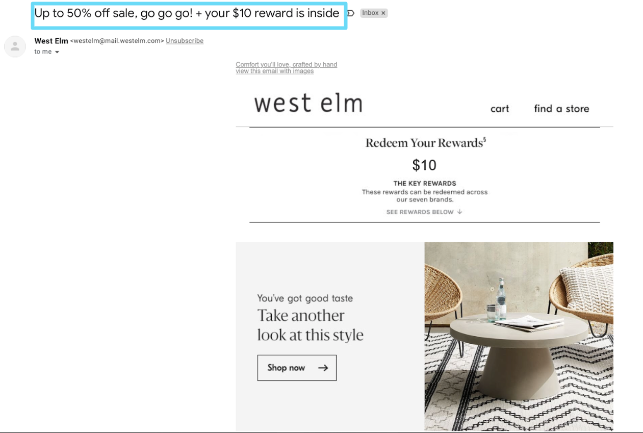 Westelm 이메일 예시