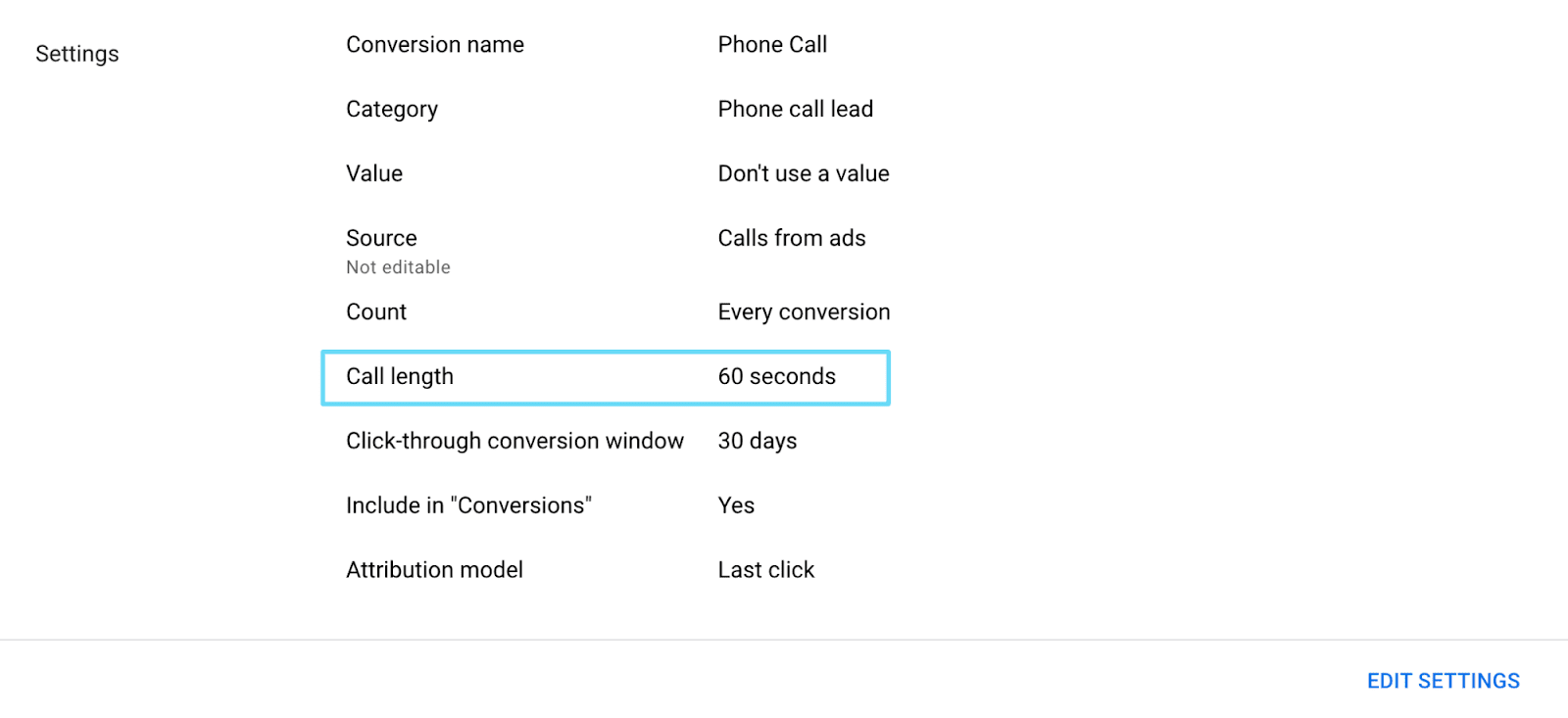 Call duration in conversion action settings