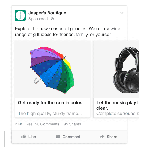 Facebook multi-product ads include several products